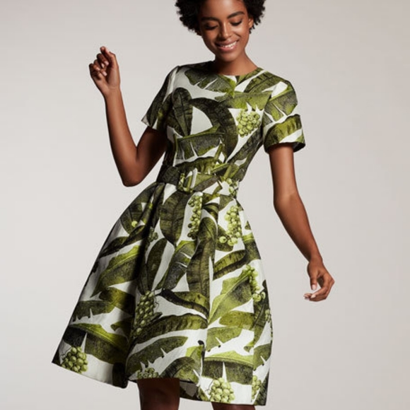 °$2,690 OSCAR DE LA RENTA BANANA LEAF SILK LINED JAQUARD DRESS US 12 XL - Picture 1 of 10